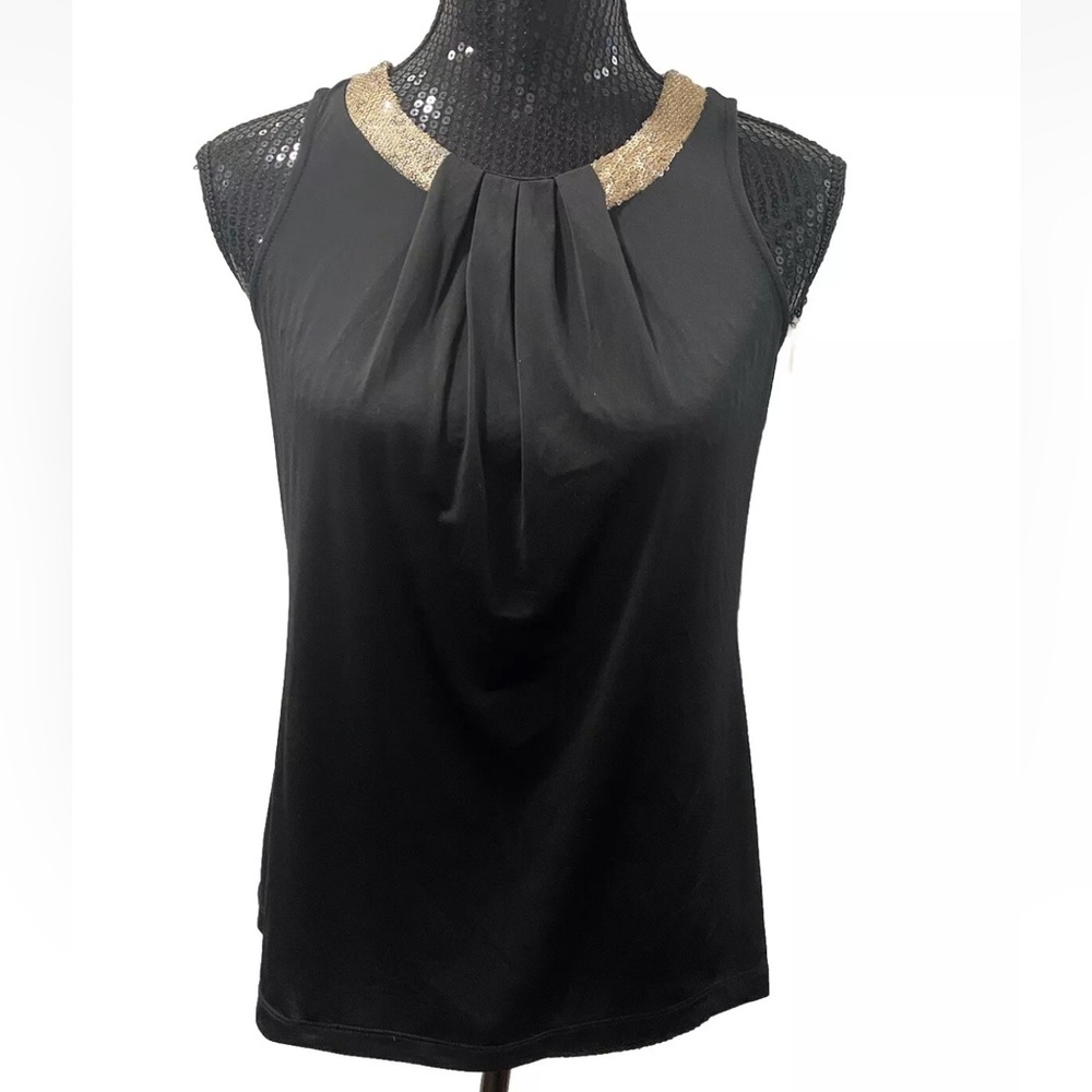 Worthington Petite Small Black Gold Sequin Embellished Sleeveless blouse Top